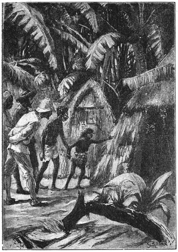 Eine Schwarz-Weiß-Illustration einer Gruppe von Menschen in traditioneller Kleidung, die in einem Kreis in einem Dschungel stehen, mit hohen, üppigen Bäumen, kleinen rustikalen Hütten und einem tiefblauen Himmel mit vereinzelten weißen Wolken im Hintergrund; Text unten lautet "Die Geschichte des Dschungels".