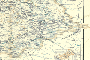 Eine alte Karte von Rinkjöbing, Deutschland, gedruckt auf Papier, zeigt Straßen, Autobahnen und andere Merkmale mit Text und Zahlen.