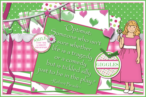 Eine Karikatur eines Mädchens in einem rosa Kleid hält eine Blume gegen einen grünen und weißen Hintergrund, mit einem Zitat von Robert Brault über Optimismus.