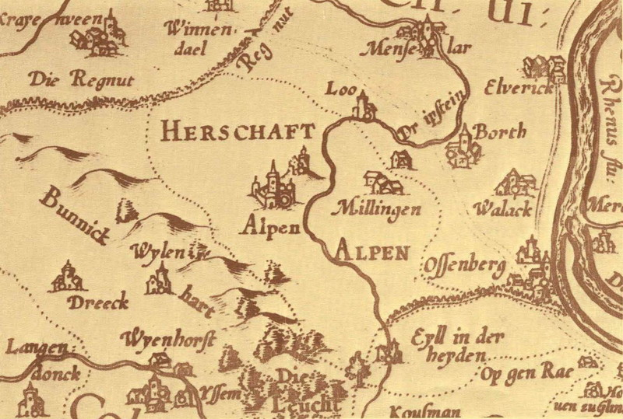 Ein altes Stadtplan von Herschaft, Deutschland, das Straßen, Gebäude und Bäume mit begleitendem Text und Illustrationen zeigt.