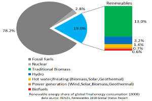 Ein Kreisdiagramm, das den globalen erneuerbaren Energieverbrauch im Jahr 2008 zeigt, unterteilt in Abschnitte für fossile Brennstoffe, Kernenergie, Wasser, Heißwasser, Heizung, Biomasse, Solarenergie, Geothermie und Biokraftstoffe, mit begleitendem Text, der weitere Daten bereitstellt.