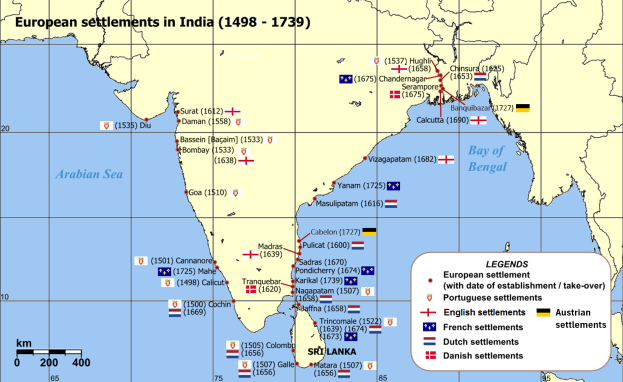 Eine detaillierte Karte Indiens von 1498 bis 1739, die europäische Siedlungen mit Text und Zahlen, Länder, Grenzen, wichtige Städte und Gewässer zeigt.