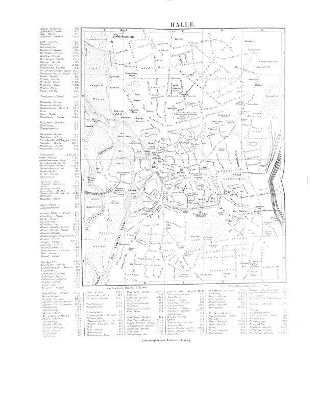 Schwarze und weiße Karte von Halle, Deutschland, zeigt detaillierte Straßennamen und Stadtlayout.