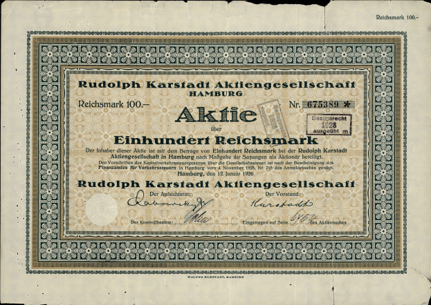 Eine alte deutsche Banknote mit schwarzem Hintergrund und der Inschrift "Rudolph Karlstadt Aktiengesellschaft Hamburg".