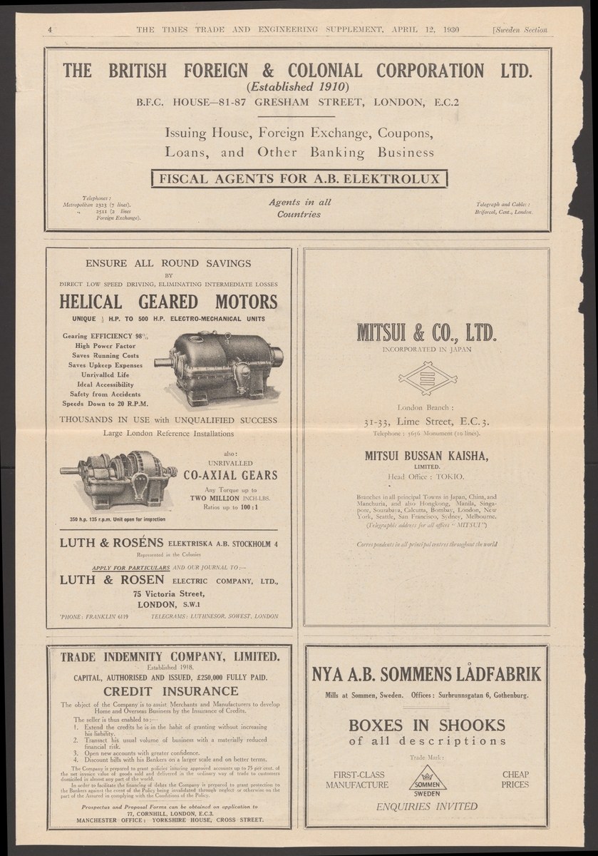 Schwarze und weiße Anzeige für die British Foreign and Colonial Corporation Ltd. mit Text und Abbildungen von Industriegeräten.