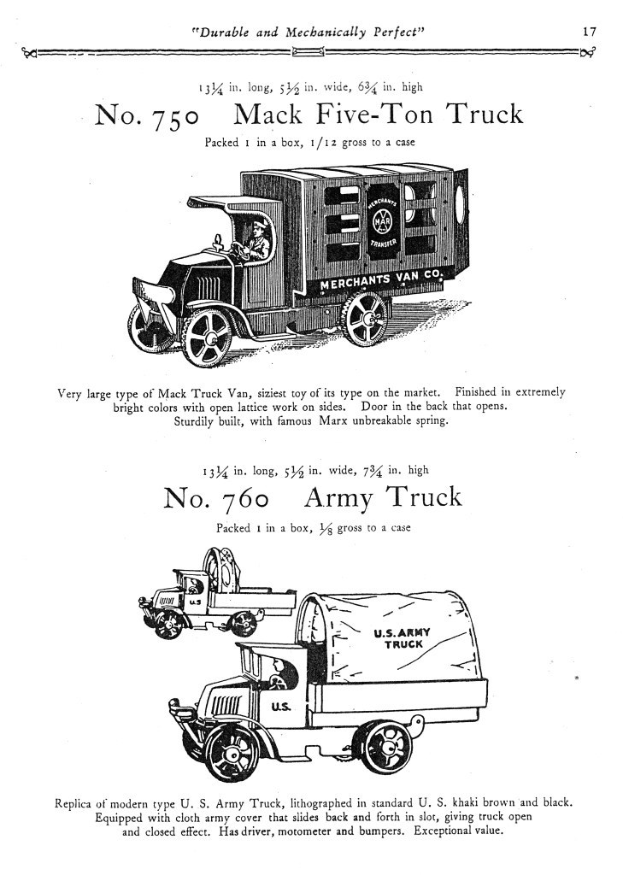 Schwarze und weiße Werbung für einen Mack Five-Ton Truck mit einer zentralen Illustration des Fahrzeugs mit einem großen rechteckigen Körper, Anhänger mit flacher Ladefläche und auffälligem Vorderrad, umgeben von schwarzem Text, der "Mack Five-Ton Truck" lautet.