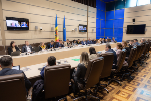 Eine große Gruppe von Menschen sitzt um einen langen Tisch mit Laptops, Mikrofonen und Papieren, an einer Sitzung des Europäischen Rates für Menschenrechte teilnehmend, mit drei Flaggen, zwei Fernsehern und Deckenleuchten im Hintergrund.