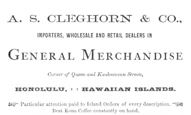 Schwarzes und weißes Papier mit der Aufschrift "A.S. Cleghorn & Co. Importeure, Groß- und Einzelhandelsgeschäfte in Allgemeinwaren."