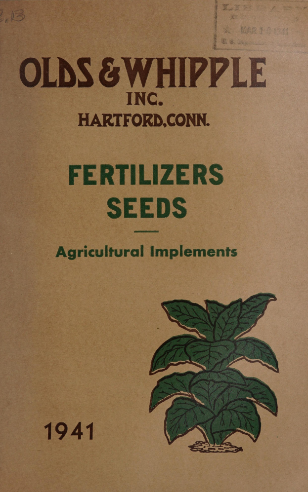 Ein altes Buch mit einer grünen Pflanzenillustration auf dem Cover, betitelt "Düngemittel Samen Landwirtschaftliche Geräte 1941" in fetter Schrift mit einem weißen Rand.