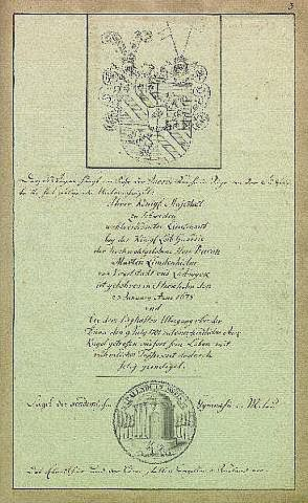 Ein historisches Dokument aus dem Jahr 1775 mit einem Wappen und Text sowie einem Logo unten.