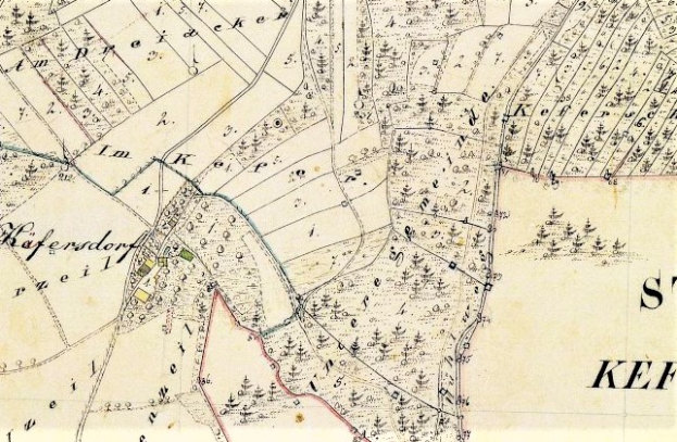 Ein detaillierter alter Stadtplan von Kefendorf, der Stra├čen, Geb├Ąude, Landmarken und Text enth├Ąlt, der Informationen ├╝ber die Bev├Âlkerung, Landmarken und Stra├čen der Stadt liefert.