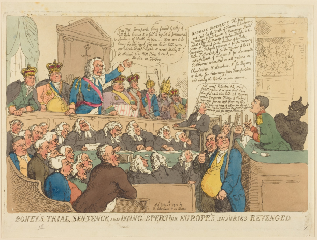 Cartoon-Illustration eines Gerichtssaals mit dem Titel 'Boney's Trial, Sentence, and Dying Speech Europe's Injuries Revenged', die eine zentrale stehende Person und sitzende Figuren zeigt, mit einem Tisch voller Gegenstände auf der rechten Seite.