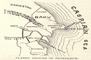Ein detailliertes Kartenbild des Kaspischen Meeresgebiets mit geographischen Merkmalen und begleitendem Text, der Informationen über das Gebiet und seine Bewohner bereitstellt.