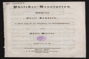 Ein altes Buch mit dem Titel "Philifer-Revolution" von Adolf Müller aus dem Jahr 1818 mit einem violetten Stempel auf dem Cover, das Text auf vergilbten Papier gegen einen schwarzen Hintergrund zeigt.