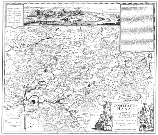 Schwarzes und weißes Plakat mit Stadtplan von Comitius Hanau, Straßennetz, Gebäuden und Fotos von Menschen.