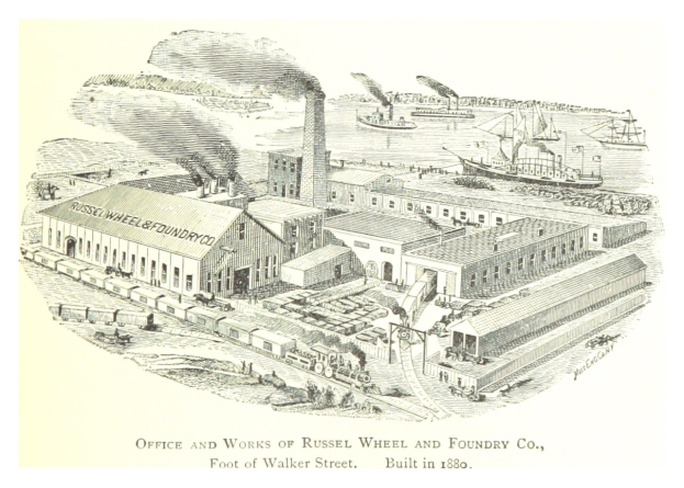 Alte Zeichnung einer rauchenden Fabrik, umgeben von Gebäuden, Schiffen und Booten, mit Text unten.