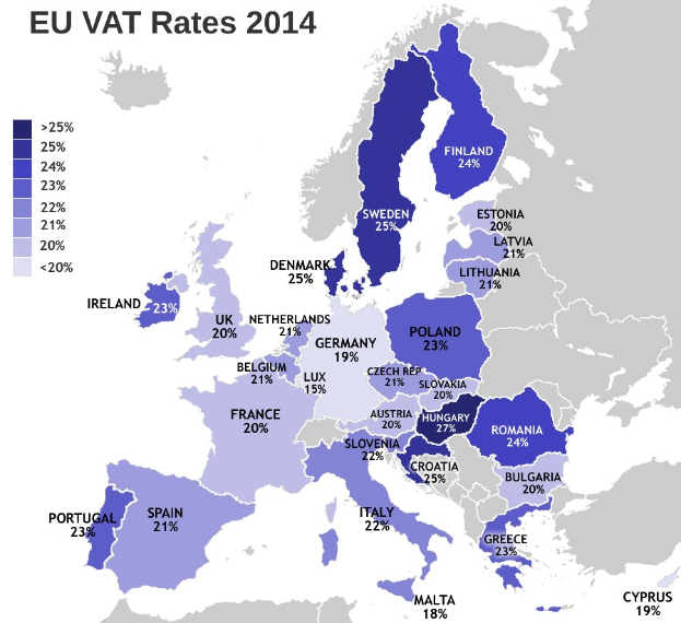 Karte von Europa, die die EU-Mehrwertsteuersätze von 2014 mit Prozentangaben und Text anzeigt.