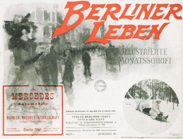 Anzeige für ein Mercedes-Benz-Fahrzeug in Berlin, Deutschland, das Menschen, Bäume, Gebäude, Text und einen Stempel zeigt.