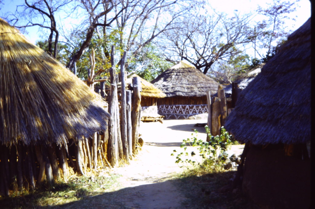 Eine Dorfszene mit Hütten, Bäumen und Gras am Boden und Himmel oben.
