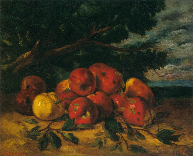 Ein Bild namens "Naturstillleben mit Äpfeln und Birnen" von St. Pelagre, das ein Stillleben von Äpfeln und Birnen auf einem Tisch mit einem Baum und einem bewölkten Himmel im Hintergrund zeigt.
