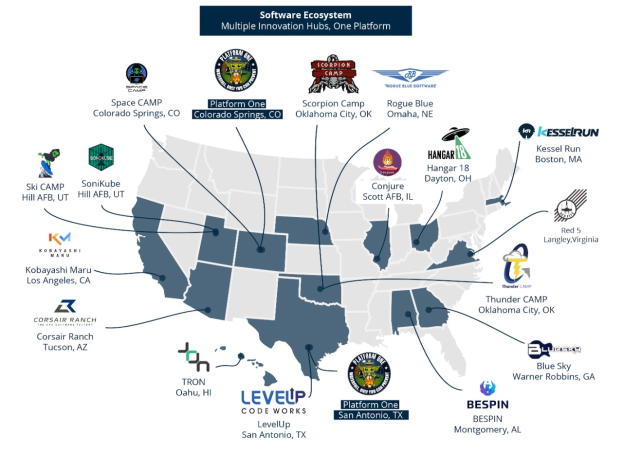 Eine Karte der Vereinigten Staaten mit Überlagerung von Firmenlogos und Text, der die Standorte von Software-Ökosystem-Geschäften angibt.