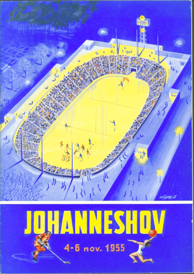 Plakatankündigung für ein Hockey-Spiel in Johannesburg, Südafrika, aus dem Jahr 1955, das ein volles Stadion mit Zuschauern, Bäumen und Lichtern sowie Text und Zahlen zeigt.
