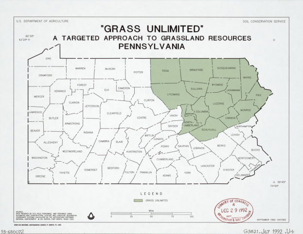 Plakat mit der Überschrift "Grass Unlimited: Ein zielgerichteter Ansatz für Grasslandressourcen" mit einer Karte von Pennsylvania in Grün gehalten, um Grasslandtypen anzuzeigen, mit fetter schwarzer Schrift.
