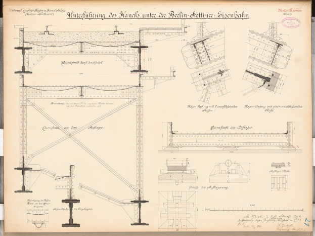 Ausführlicher Architekturplan der Berlin-Sienbahnbrücke mit Plänen, Text und konstruktiven Details.