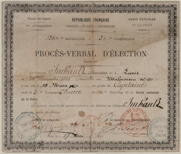 Alter Dokument mit zwei Stempeln, ähnlich einem Wahlschein mit handgeschriebener Text.