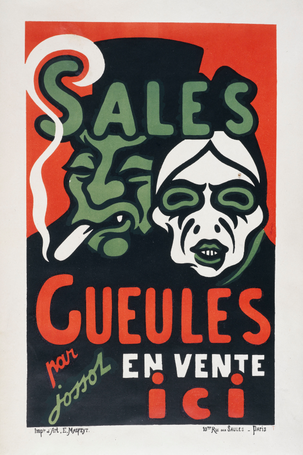 Ein Plakat mit weißem Hintergrund, das ein Personenbild und den Text 'sales cueules en vente ici' zeigt. Die Person hat einen ernsten Gesichtsausdruck, kurze dunkle Haare und trägt ein weißes Hemd mit schwarzem Kragen. Der Text ist in fetter, schwarzer Schrift und mittig auf dem Plakat angeordnet.