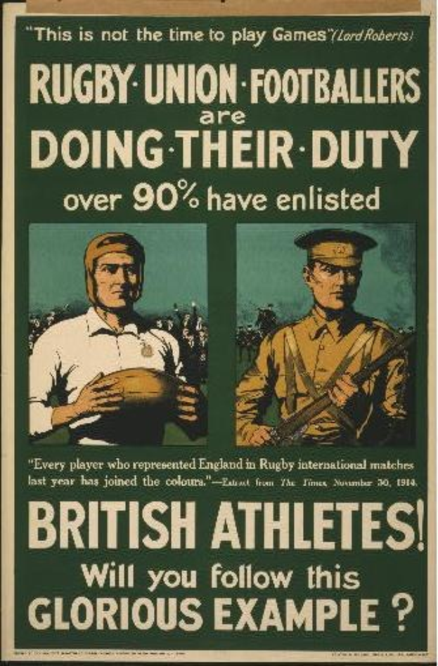 Britische Rugby-Union-Spieler in einem Plakat, das über 90% der Athleten für den Dienst wirbt, mit begleitendem Text.