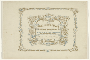 Ein altes Buch mit einem blauen und weißen, detaillierten Design auf dem Cover, mit der Aufschrift "Bal Costume".