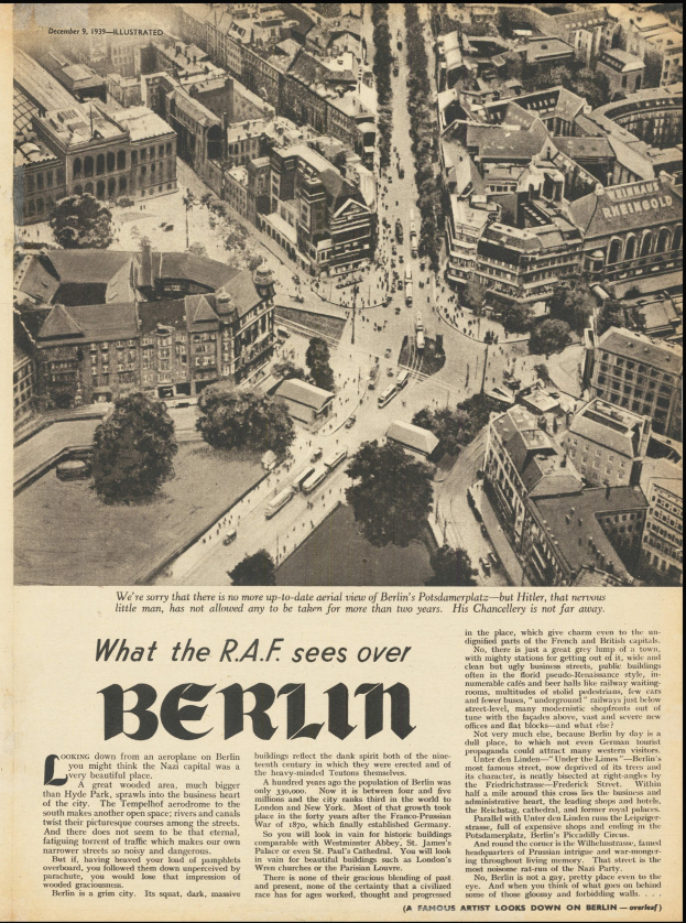 Alte Zeitung mit Schwarz-Weiß-Fotografie einer Stadtlandschaft, die Gebäude, Bäume und Fahrzeuge zeigt, begleitet von Text.