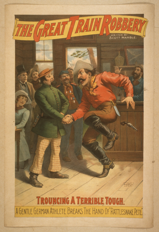 Ein Plakat, das eine Gruppe von Menschen zeigt, die drinnen stehen, einer hält eine Waffe in der Hand, mit Text oben und unten: "The Great Train Robbery - Trouching a Terrible Tough".