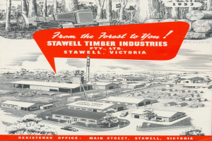 Eine 1953-Anzeige für Stawell Timber Industries mit Text und Bildern von Gebäuden, Bäumen, Fahrzeugen und Holzstämmen.