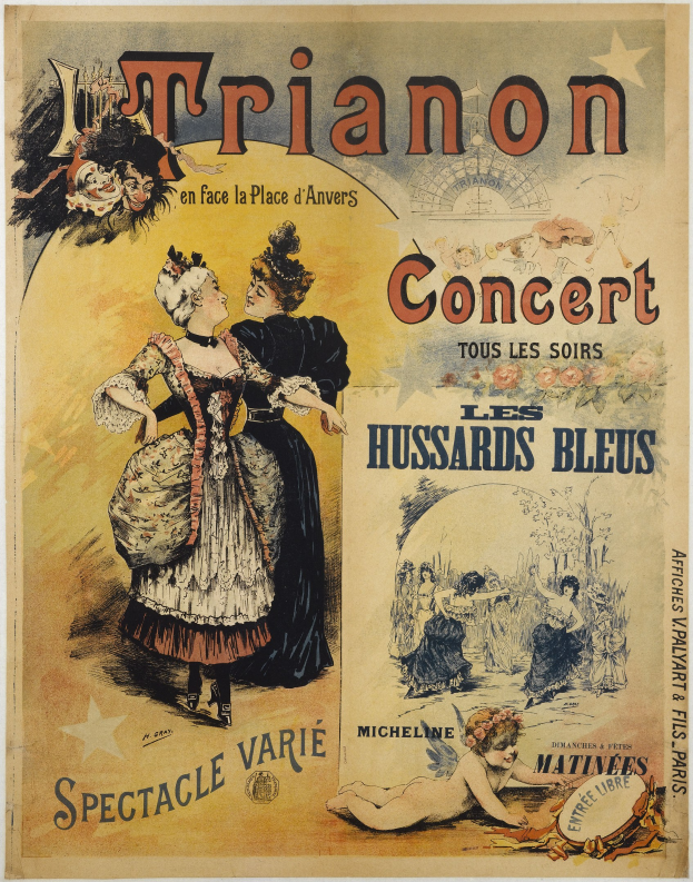 Ein Konzertplakat, das eine Frau in einem langen, hochgeschlossenen Kleid mit Ärmeln und einen Mann in einem Anzug mit verschränkten Armen zeigt, beide mit ernsten Gesichtern.