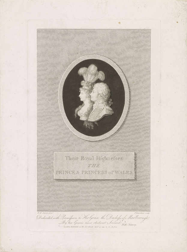 Schwarzes und weißes Bild eines Papiers mit einem Foto des Prinzen und der Prinzessin von Wales neben etwas gedrucktem Text.