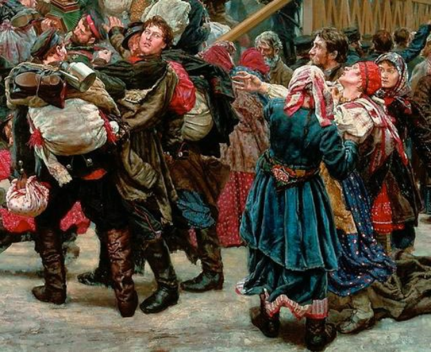 Gemälde von Menschen, die in traditioneller russischer Kleidung tanzen und Gegenstände in der Hand halten, vor einer Menge, mit einem hölzernen Haus im Hintergrund, das eine lebhafte Szene aus der russischen Revolution darstellt.