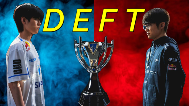 Zwei Männer stehen nebeneinander und halten einen Pokal zwischen sich, mit einem roten und blauen Hintergrund und der Inschrift "League of Legends vs League of Legends".