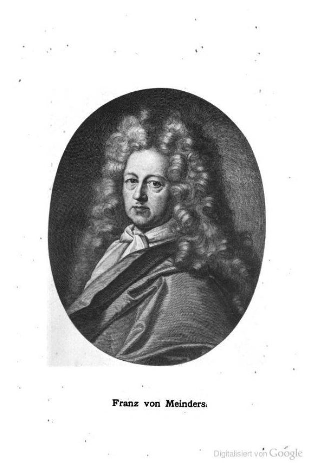 Schwarzes und weißes Porträt von Franz von Meinders, einem deutschen Komponisten mit langen lockigen Haaren, mit deutschem Text unten.