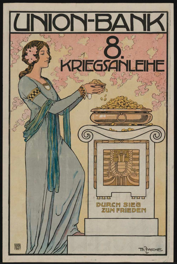 Eine Frau in einem weißen Kleid hält eine Schüssel mit Essen in der Hand und steht entschlossen vor einem schwarzen Hintergrund mit einem Plakat, auf dem "Union-Bank 8 Kriegsanleihe" steht.