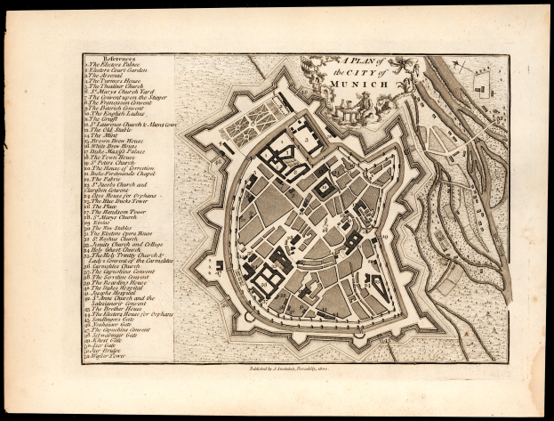 Ein detailliertes altes Stadtplan von München, Deutschland, auf einem schwarzen Hintergrund, der Straßen, Gebäude und Sehenswürdigkeiten mit zusätzlichen Informationen zeigt.