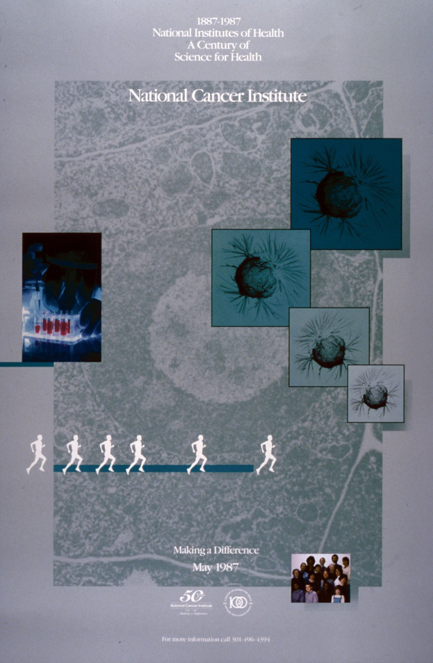 Buntes Plakat für das National Cancer Institute mit einem blauen Hintergrund, weißer Schrift in Großbuchstaben, die 'National Cancer Institute' lesen, und einer kreisförmigen Anordnung von überlappenden, lächelnden Bildern von verschiedenen Menschen.