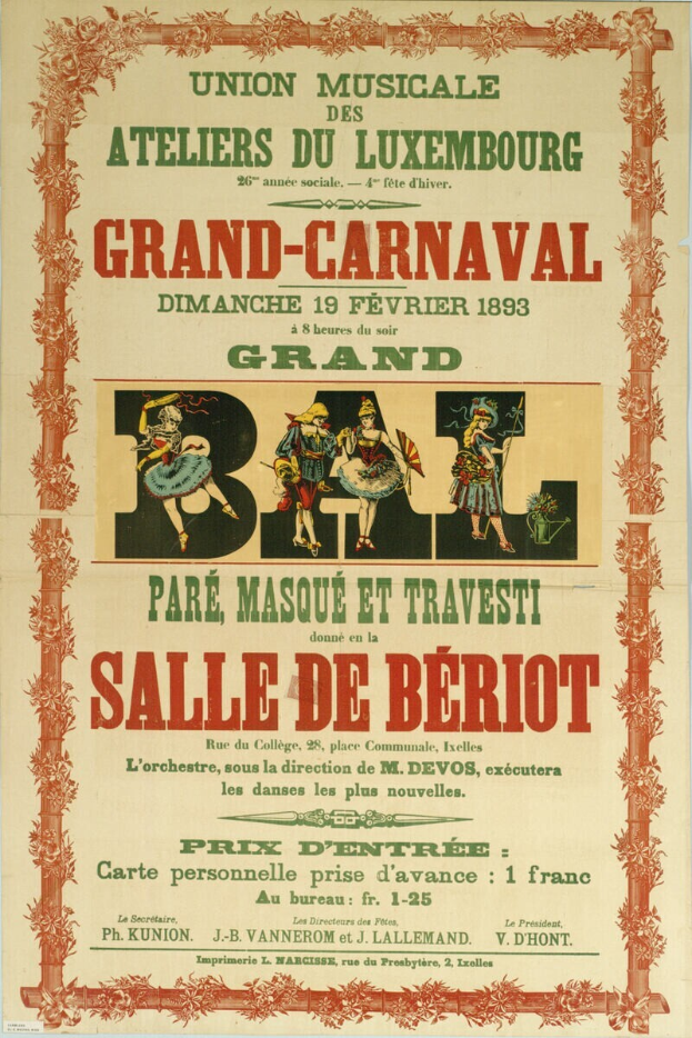 Ein altes Plakat, das ein großes Karnevalsfest in Paris ankündigt, mit einer farbenfrohen Illustration von lachenden Menschen in traditioneller Kleidung auf einem hellgelben Hintergrund mit einem Banner, auf dem "Großes Karnevalsfest" steht.