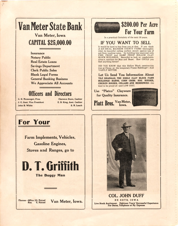 Eine alte Werbung für die Van Meter State Bank mit einem Mann im Anzug und Hut, auf der der Text die Dienstleistungen der Bank anpreist.