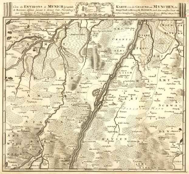 Ein altes Papierstadtplan von München, Deutschland, mit einem Fluss und Text, der die Stadt beschreibt.