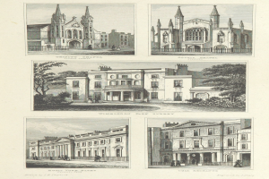 Eine Buchseite mit vier unterschiedlich gestalteten Gebäuden, umgeben von Bäumen in einer friedlichen Umgebung.