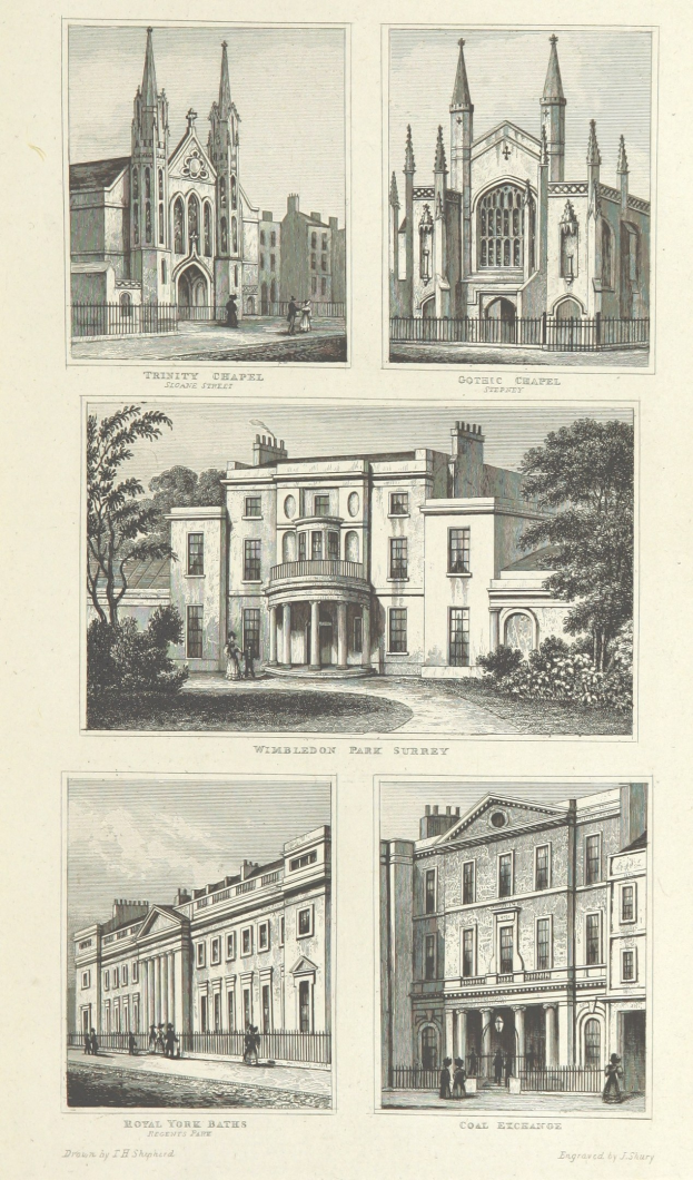 Eine Buchseite mit vier unterschiedlich gestalteten Gebäuden, umgeben von Bäumen in einer friedlichen Umgebung.