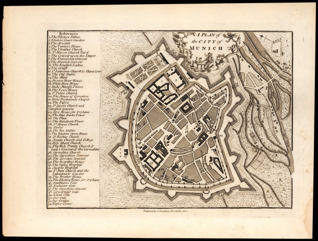 Detailierte alte Karte von München, Deutschland, mit Straßen, Gebäuden und Landmarken auf einem schwarzen Hintergrund, begleitet von Textlabels.