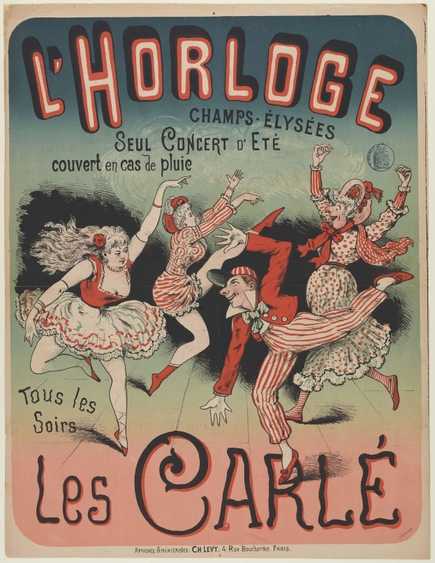 Plakat für ein Konzert im Chorlage in Paris mit einer Gruppe von Menschen, die in bunten Kostümen tanzen und mit fetter Schrift auf einem hellgelben Hintergrund.